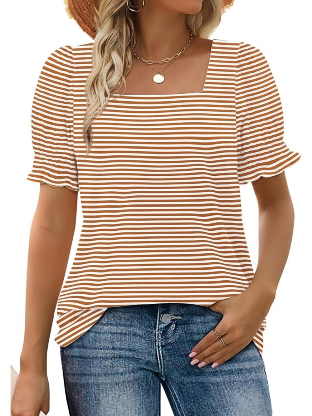 Women's Caramel Stripe Square Neck Top Summer Casual Ruffle Trim Sleeve T Shirt